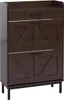 A dark brown shoe cabinet with two flip drawers and one regular drawer, standing on black metal legs. Podgląd zdjęcia produktu