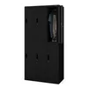 A black metal locker unit with six compartments, one of which is open to reveal clothes and shoes inside. Voir les images du produit