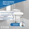 A shower stool in a bathroom setting, with text highlighting its features. Náhľad obrázku produktu