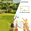 A split image showing a backyard scene on the left and people playing volleyball on the right, with overlaid text and graphics. Produktbild-Vorschau