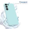 A light blue phone case is shown with water splashing around it. Produktbild-Vorschau