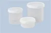 Three translucent white plastic containers of varying sizes with white lids, arranged on a light blue background. Podgląd zdjęcia produktu