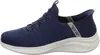 A side view of a blue Skechers slip-on shoe with a speckled white sole. Produktbild-Vorschau