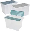 Three transparent storage boxes with lids in different colors are arranged in a group. Voir les images du produit