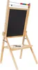 A wooden easel with a blackboard, a roll of paper, and some writing utensils on a white background. Podgląd zdjęcia produktu