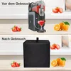 A split image showing a slushie machine with ingredients before use and a protective cover after use. Produktbild-Vorschau