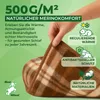 A hand holding a folded brown and white plaid merino wool blanket, with marketing text and icons on a green background. Produktbild-Vorschau