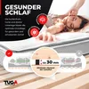 An advertisement for a healthy sleep product, featuring a woman sleeping peacefully and diagrams illustrating product features. The lower part shows a wooden bed frame. Produktbild-Vorschau