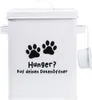 A white metal pet food storage tin with paw prints and text. Produktbild-Vorschau