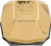 A close-up, front-facing view of a gold-colored perfume bottle with a faceted design and the brand name embossed on the top. Anteprima dell’immagine prodotto
