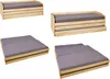 A collage of four images showing a wooden bed frame with a gray mattress in different configurations. Produktbild-Vorschau
