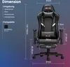 A black gaming chair with dimensions and color information displayed on a gradient background. Náhled obrázku produktu