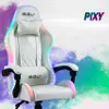 A white gaming chair with LED lights and pillows, with colorful smoke effects in the background and the word 'PIXY' in the top right corner. Produktbild-Vorschau