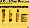 Four Matrix "A Curl Can Dream" hair products are displayed against a yellow background, with text labels indicating their purpose in a hair care regimen. Podgląd zdjęcia produktu