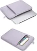 A laptop sleeve shown from two angles, one with a laptop partially inserted and another showing a phone and pens inside a pocket. Produktbild-Vorschau
