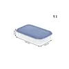 A clear product shot of a rectangular food storage container with a blue lid, showing dimensions. Produktbild-Vorschau