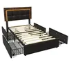 A bed frame with drawers and an LED-lit headboard, shown from a diagonal angle against a white background. Náhled obrázku produktu