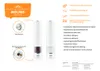 A marketing image showcasing two electric salt and pepper grinders, with close-up diagrams of their features and descriptive text. Náhled obrázku produktu