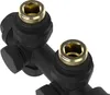 A close-up, studio shot of a black plumbing manifold with brass fittings. Produktbild-Vorschau