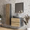 A modern bathroom vanity with a sink and mirror, set against a textured tile wall. Náhled obrázku produktu