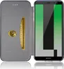 A black flip case for a Huawei Mate 10 phone, showing the inside of the case with a card slot and the phone inserted. Produktbild-Vorschau