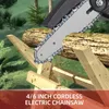 A close-up of a cordless electric chainsaw cutting through wooden beams and a log in an outdoor setting with trees and grass in the background. Náhľad obrázku produktu