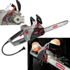 A collage of an electric chainsaw, showing different angles and a person using it. Podgląd zdjęcia produktu