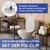 A bathroom scene featuring a toilet, a shelf with bathroom accessories, and text overlays highlighting product features. Produktbild-Vorschau