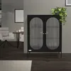 A black display cabinet with glass doors in a modern living room setting. Náhľad obrázku produktu