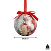 A Christmas ornament with Santa Claus printed on it, with a red ribbon and bow, and measurement indicators. Produktbild-Vorschau