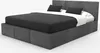 A studio shot of a double bed with a graphite upholstered frame and headboard, featuring dark grey bedding and black pillows. Produktbild-Vorschau