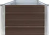 A close-up, straight-on view of a brown corrugated metal raised garden bed with silver metal corner supports. Voir les images du produit