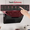 A hand is shown touching the control panel of a black kitchen range hood, with red light effects emanating from the panel. Produktbild-Vorschau
