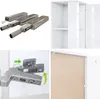 A collage of images showing parts of a white highboard cabinet and its hardware. Produktbild-Vorschau
