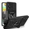 A black phone case with a camera cover and ring holder is displayed against a white background. Another phone case is shown in the foreground, angled to showcase its features. Produktbild-Vorschau