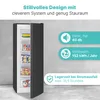 A black upright freezer with its door open, showing shelves and food items inside. To the right, there are teal-colored informational graphics about the freezer's features. Produktbild-Vorschau