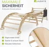 A wooden climbing triangle and arch for children, displayed in a studio setting with marketing text and close-up detail. Náhled obrázku produktu