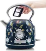A hand is shown inserting a filter into a decorative electric kettle. The kettle has a navy blue background with a floral and bird pattern. A temperature gauge is visible on the front. Produktbild-Vorschau