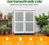A garden cabinet is shown in an outdoor setting with plants and brick paving. Produktbild-Vorschau