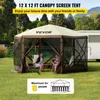 A screened canopy tent set up on a grassy lawn with people relaxing inside, next to an RV. Náhled obrázku produktu