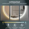 Collage of three images showing a round mirror with LED lighting, demonstrating different light color temperatures. Voir les images du produit