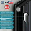 A close-up diagram of a black radiator, highlighting its features with text labels and a layered illustration of its construction. Produktbild-Vorschau
