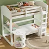 A white bunk bed with a desk and shelves, decorated with pillows and toys. Produktbild-Vorschau