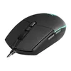 A black computer mouse with a cable is shown on a white background. Produktbild-Vorschau