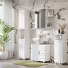 A modern white bathroom vanity set with a sink, mirror, and storage cabinets against a marble-patterned wall. Náhled obrázku produktu