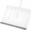 A close-up of the bottom edge of a clear plastic snow shovel with a metal edge. Produktbild-Vorschau