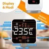 A close-up of a smart thermostat display with various icons and text overlays highlighting features. Produktbild-Vorschau