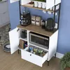 A white and wood-tone multi-purpose cabinet with a microwave, coffee maker, and other kitchen items. Produktbild-Vorschau