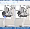 A split image showing a faucet with a water filter attachment. The left side shows filtered water with blue light, labeled 'TRINKWASSER' (drinking water). The right side shows unfiltered water, labeled 'LEITUNGSWASSER' (tap water). Produktbild-Vorschau
