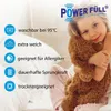 A young girl hugging a teddy bear in bed, with product feature icons and text on the left. Produktbild-Vorschau